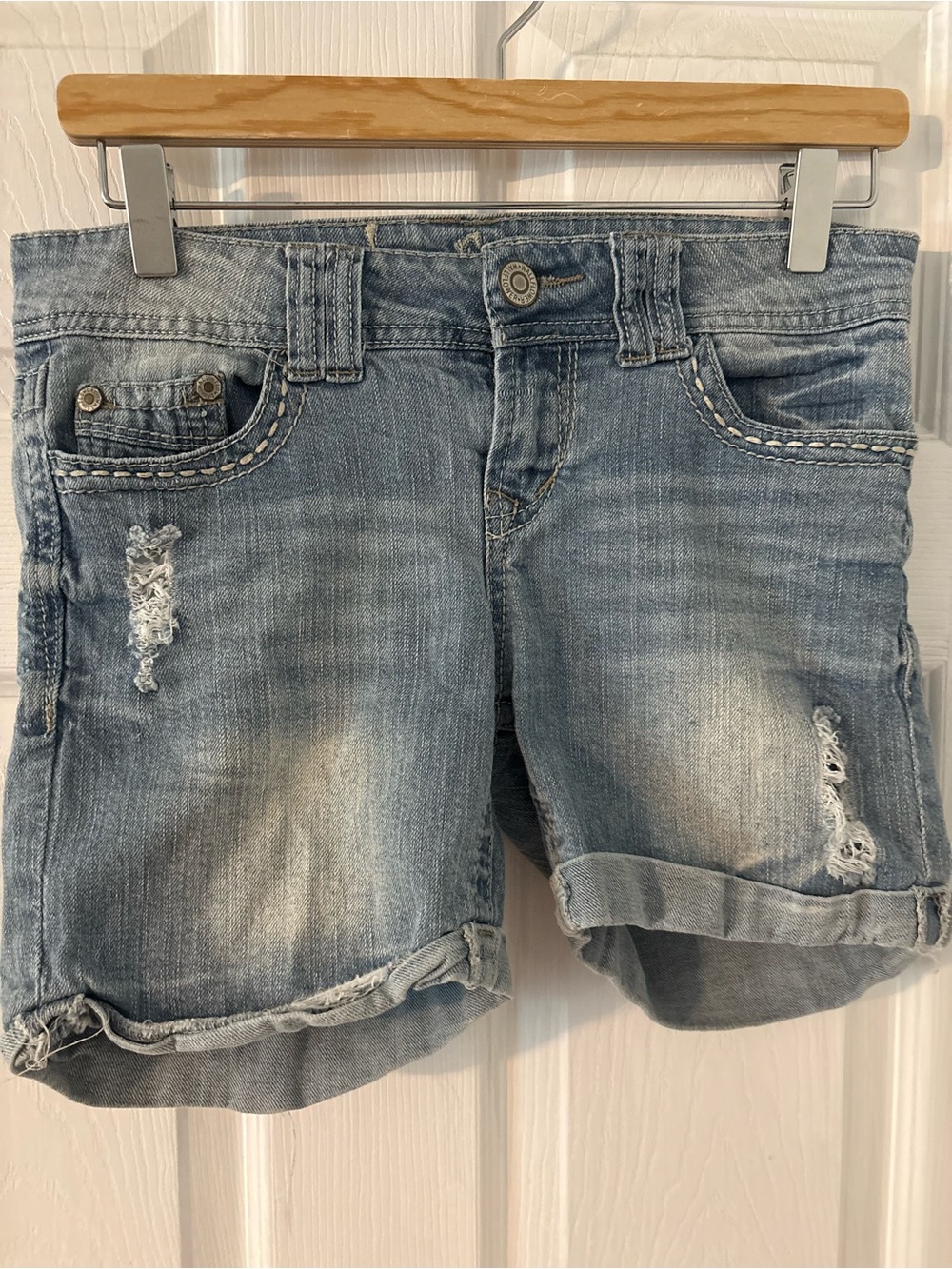 Y2K Rhinestone Embroidered Distressed Denim Shorts WallFlower 5